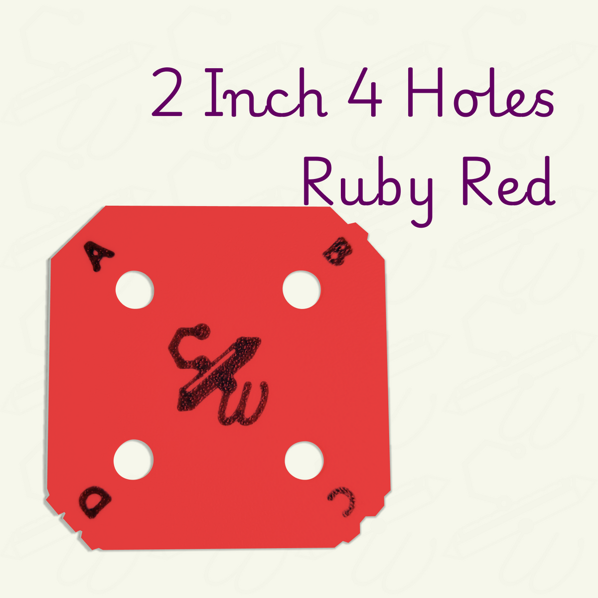 Ruby Red 2 inch weaving card with 4 holes on a beige background. The weaving card has black letters A through D and corresponding bumps on each corner.