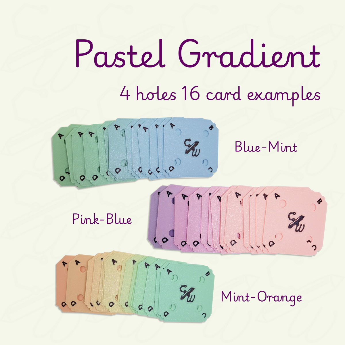 Example sets of 16 cards with 4yarn holes in pastel gradient color ranges on a beige background.  Color ranges are Blue-Mint, Pink-Blue, Mint-Orange