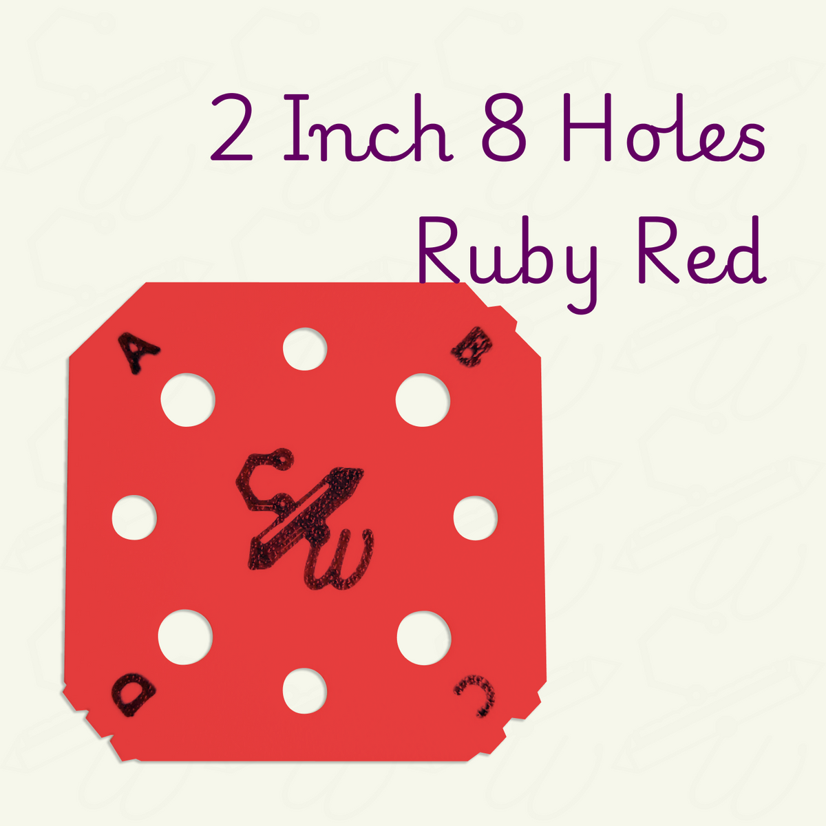 Ruby Red 2 inch weaving card with 8 holes on a beige background. The weaving card has black letters A through D and corresponding bumps on each corner.