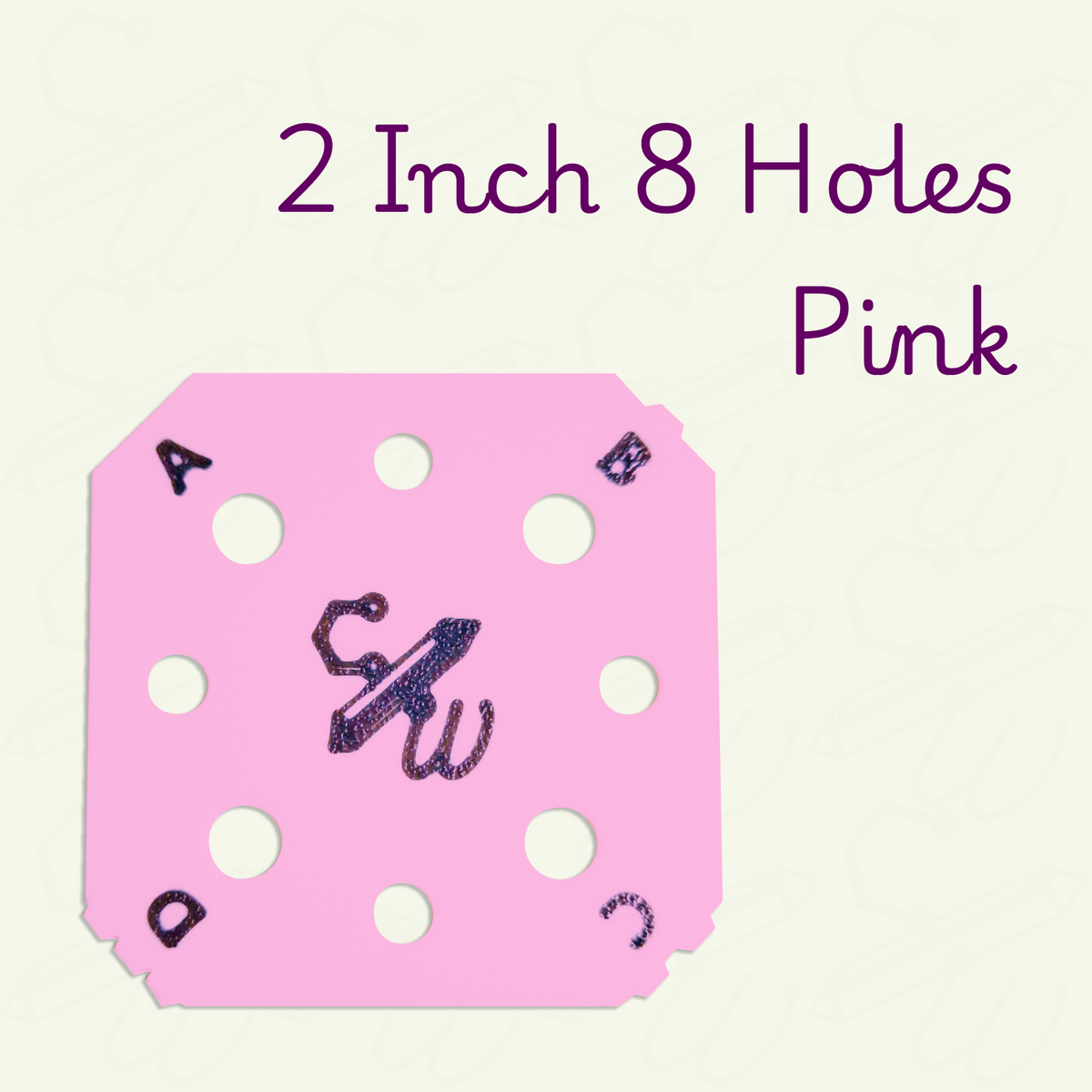 Sakura pink 2 inch weaving card with 8 holes on a beige background. The weaving card has black letters A through D and corresponding bumps on each corner.