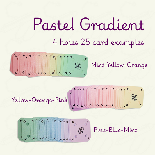 Pastel gradient card examples with text indicating color sequences. Sequences are Mint-Yellow-Orange, Yellow-Orange-Pink, Pink-Blue-Mint