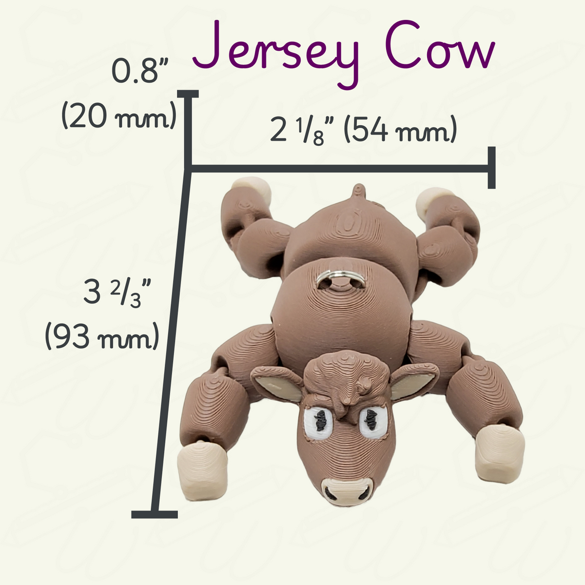 Brown Jersey cow keychain laid flat with measurements on a beige background. The measurements are approximately 3.33 inches long by 2.125 inches wide by 0.8 inches tall.