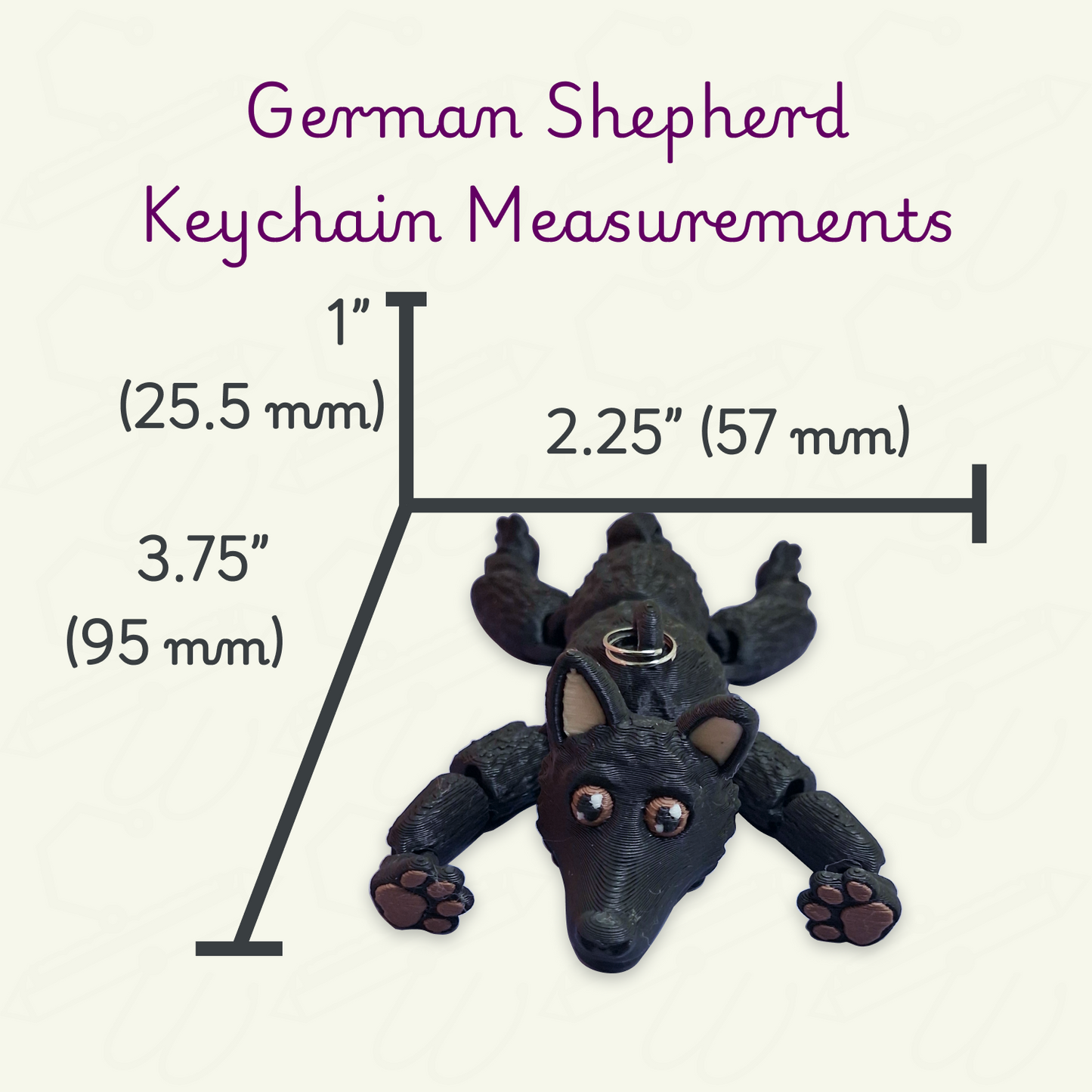 German Shepherd keychain with dimension measurements labeled on a light cream background. The measurements are 3.75 inches by 2.25 inches by 1 inch.