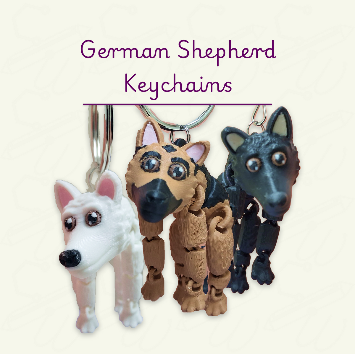 Three dog keychains shaped like German Shepherd breeds are shown against a light cream background with the text 'German Shepherd Keychains' above them. The keychains include a white one, a tan and black one, and a dark gray/black one, each attached to a metal key ring.