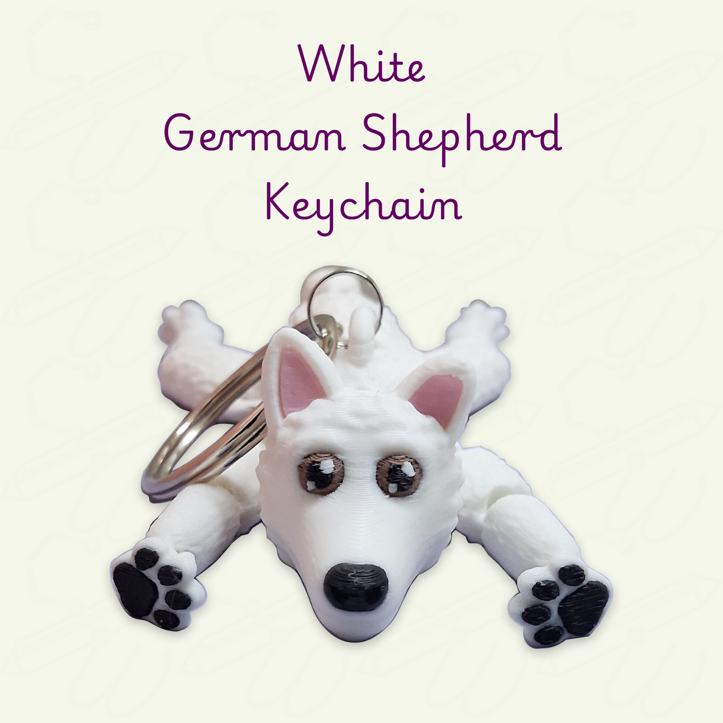 A white German Shepherd keychain shaped like a dog lying down, with a silver metal key ring. The keychain is shown against a light cream background and has pink inner ears and black paw pads.