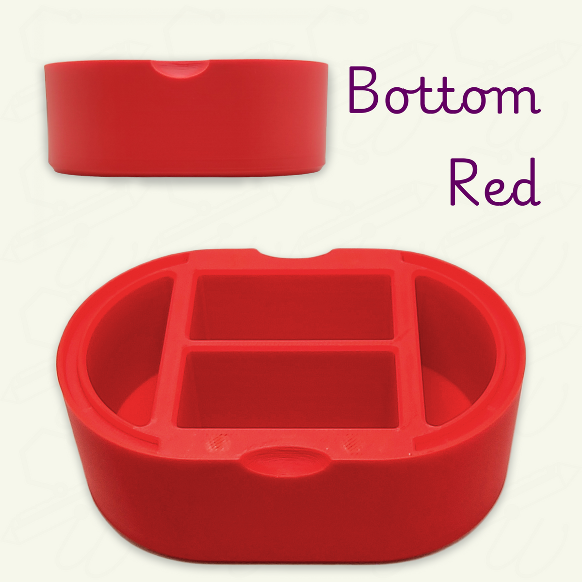 Ruby Red weaving card box bottom section on a beige background. Box is oval in shape with two half circle compartments and 2 rectangular compartments for weaving cards.