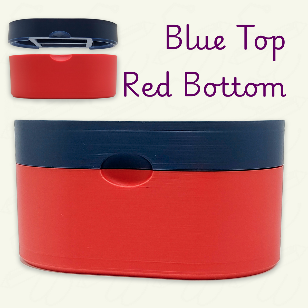 A large and small image of a red weaving card container with blue top and red bottom on a beige background.