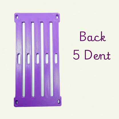 Purple rigid heddle 2 inch section at 5 dent on a beige background. Back image showing a flat back. There are 5 hole and 4 slots.
