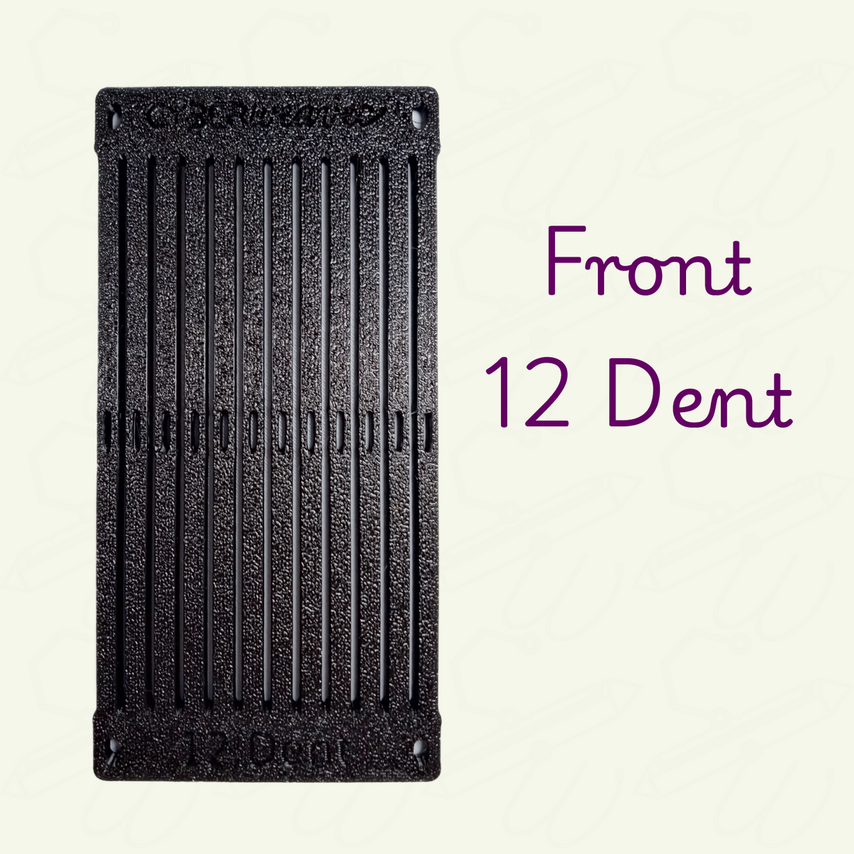 Black rigid heddle 2 inch section at 12 dent on a beige background. Front image showing the engraved text '12 Dent' on the bottom edge and 'CyberWeaver' on the top edge.