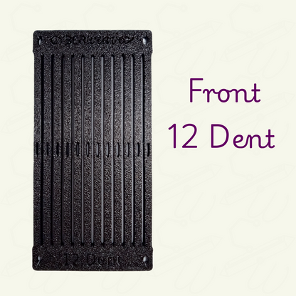 Black rigid heddle 2 inch section at 12 dent on a beige background. Front image showing the engraved text '12 Dent' on the bottom edge and 'CyberWeaver' on the top edge.