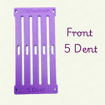 Purple rigid heddle 2 inch section at 5 dent on a beige background. Front image showing the engraved text '5 Dent' on the bottom edge and 'CyberWeaver' on the top edge.