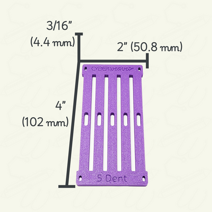 Purple rigid heddle 2 inch section at 5 dent with measurements on a beige background. Measurements are 4 inches by 2 inches by 3/16 inch.